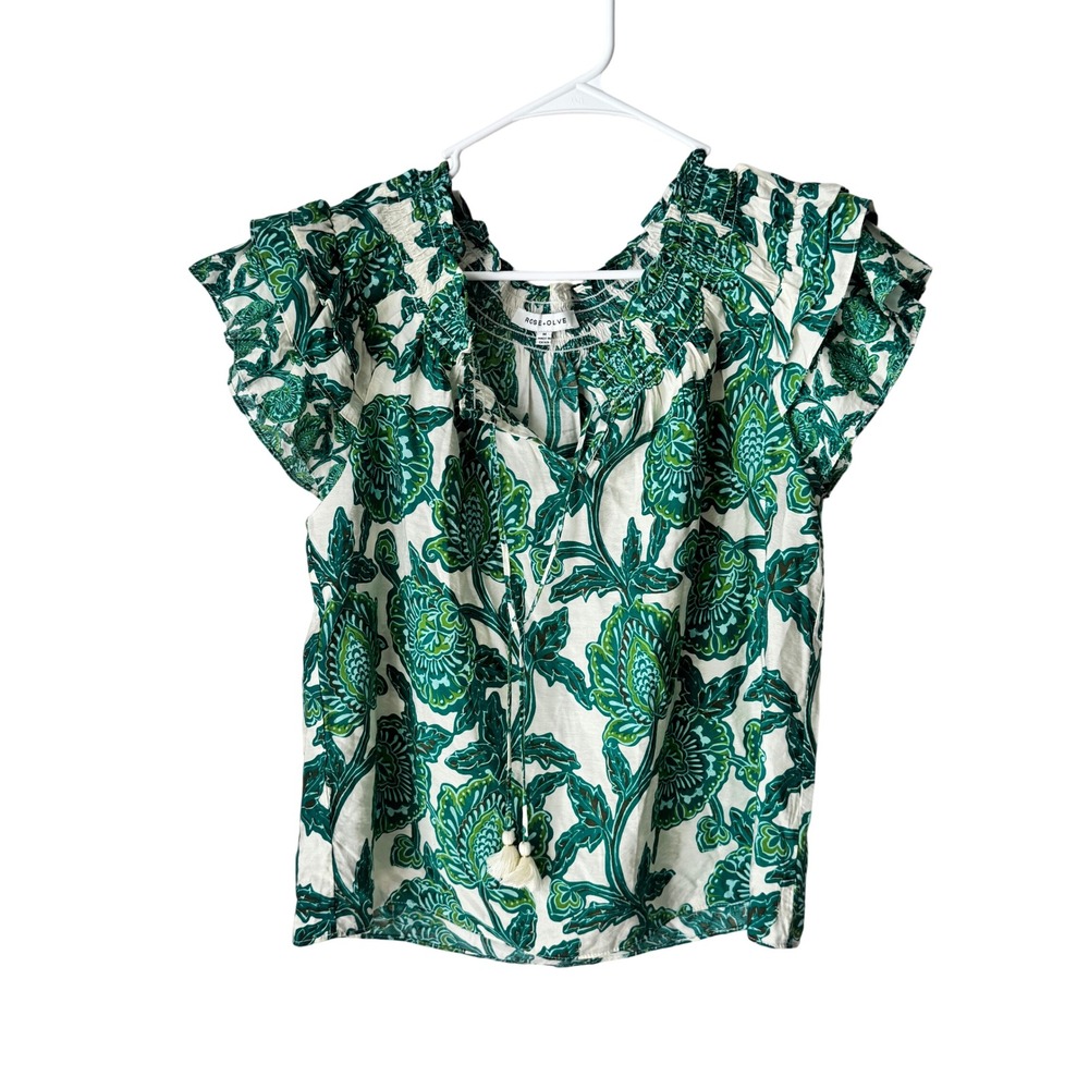 Rose + Olive Green Floral Smocked Flutter Sleeve Tassel Blouse Size Medium